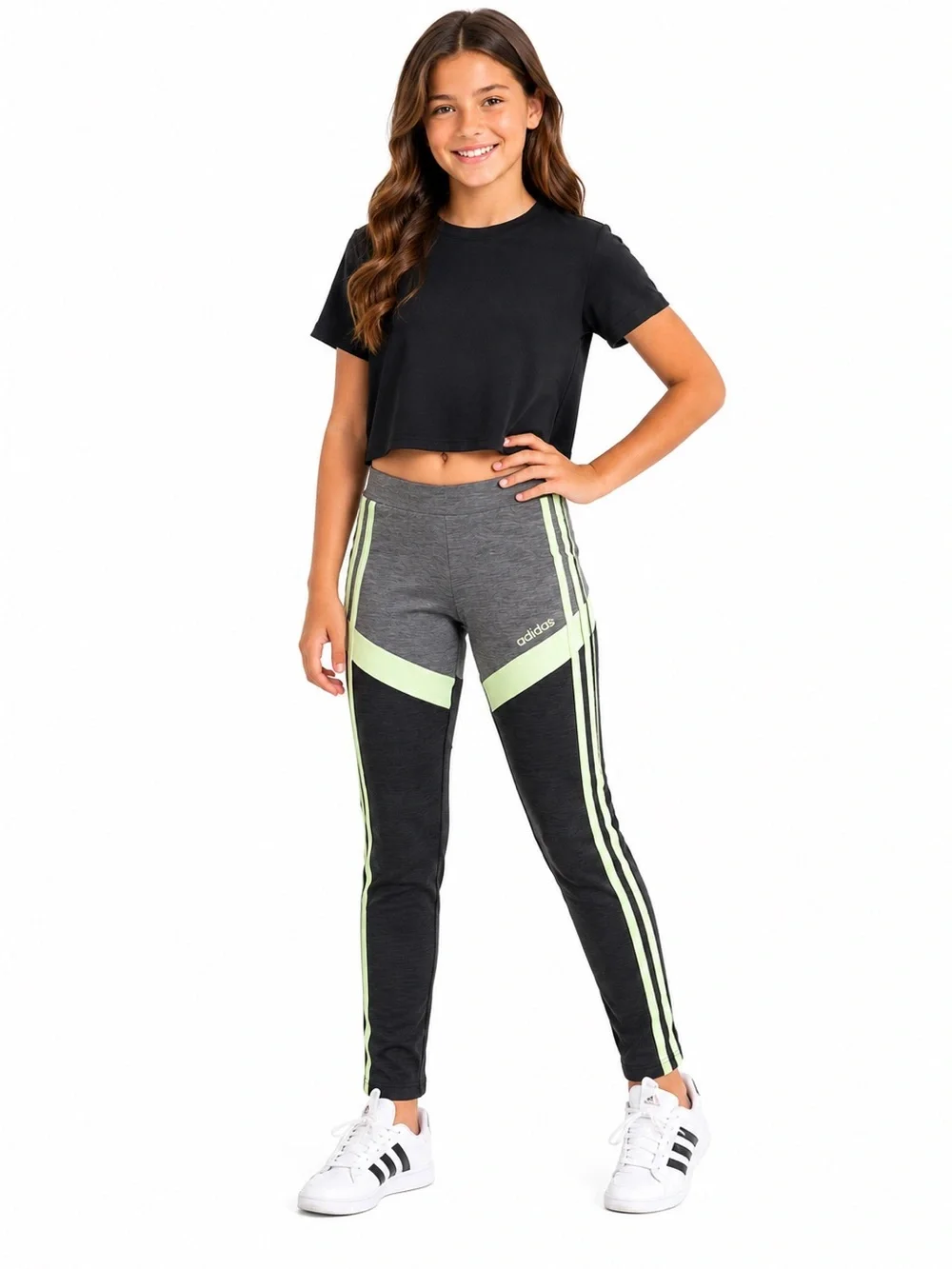 adidas Black & Gray Crop Tee with Neon Green-Trim Leggings
